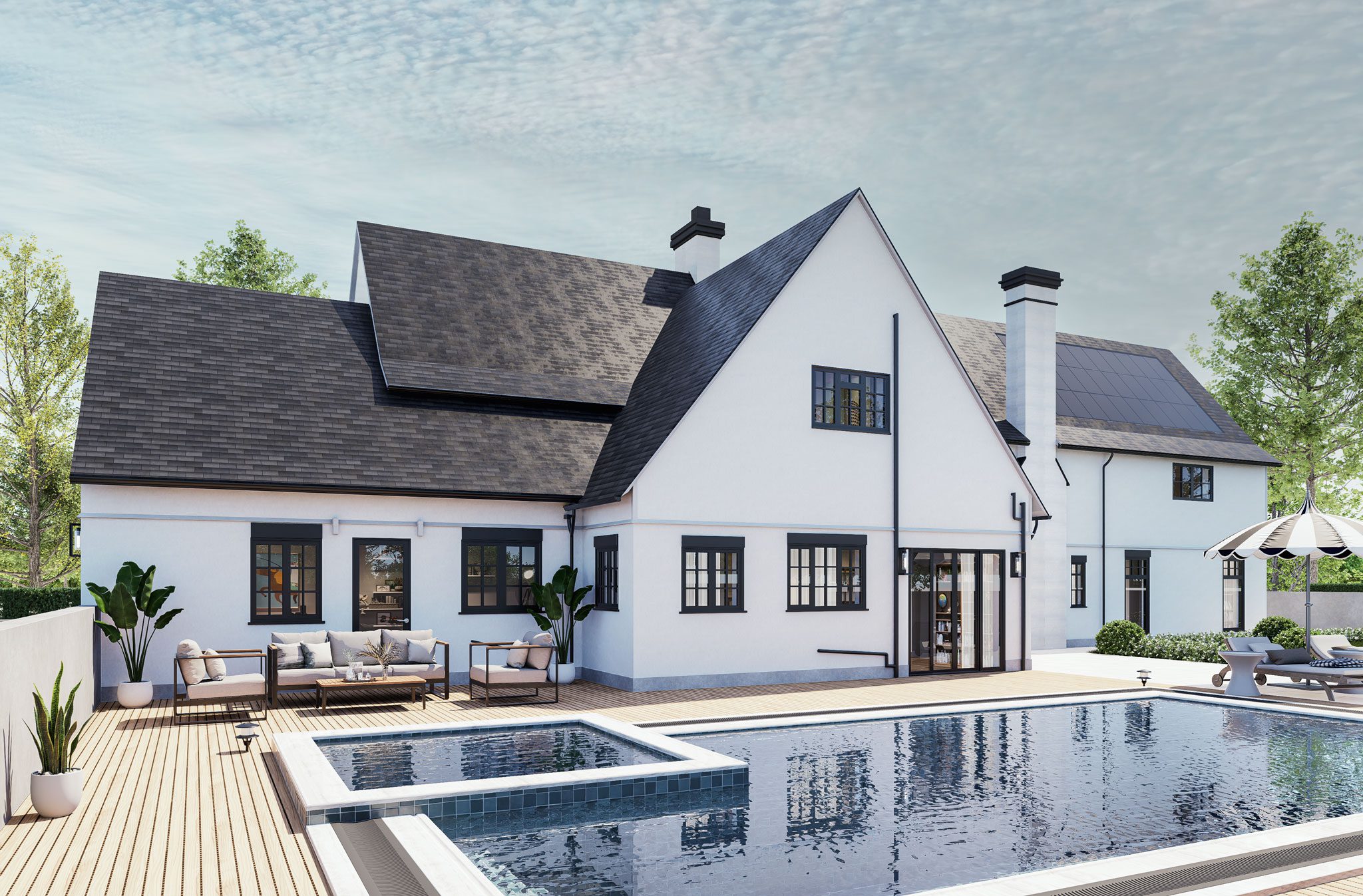 Large white house with dark roof, solar panels, and multiple windows. Backyard features a wooden deck, seating area, and a swimming pool. Surrounded by trees on a sunny day.