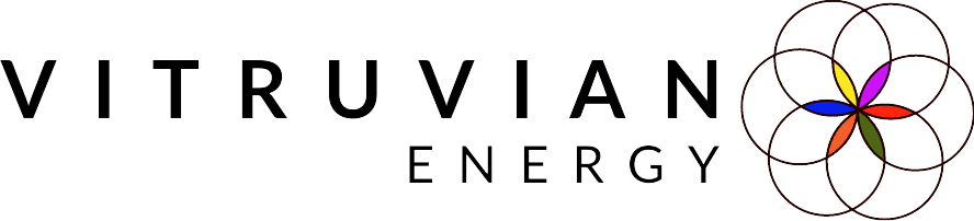 Logo of Vitruvian Energy with overlapping circles forming a flower-like pattern on the right.