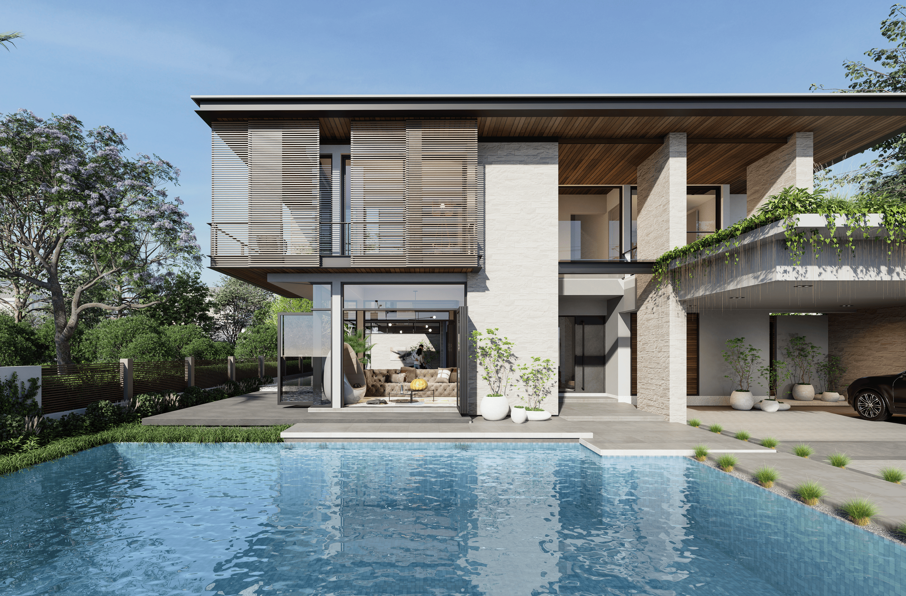 Modern two-story house with large windows, a covered balcony, and greenery near a swimming pool, set against a clear blue sky.